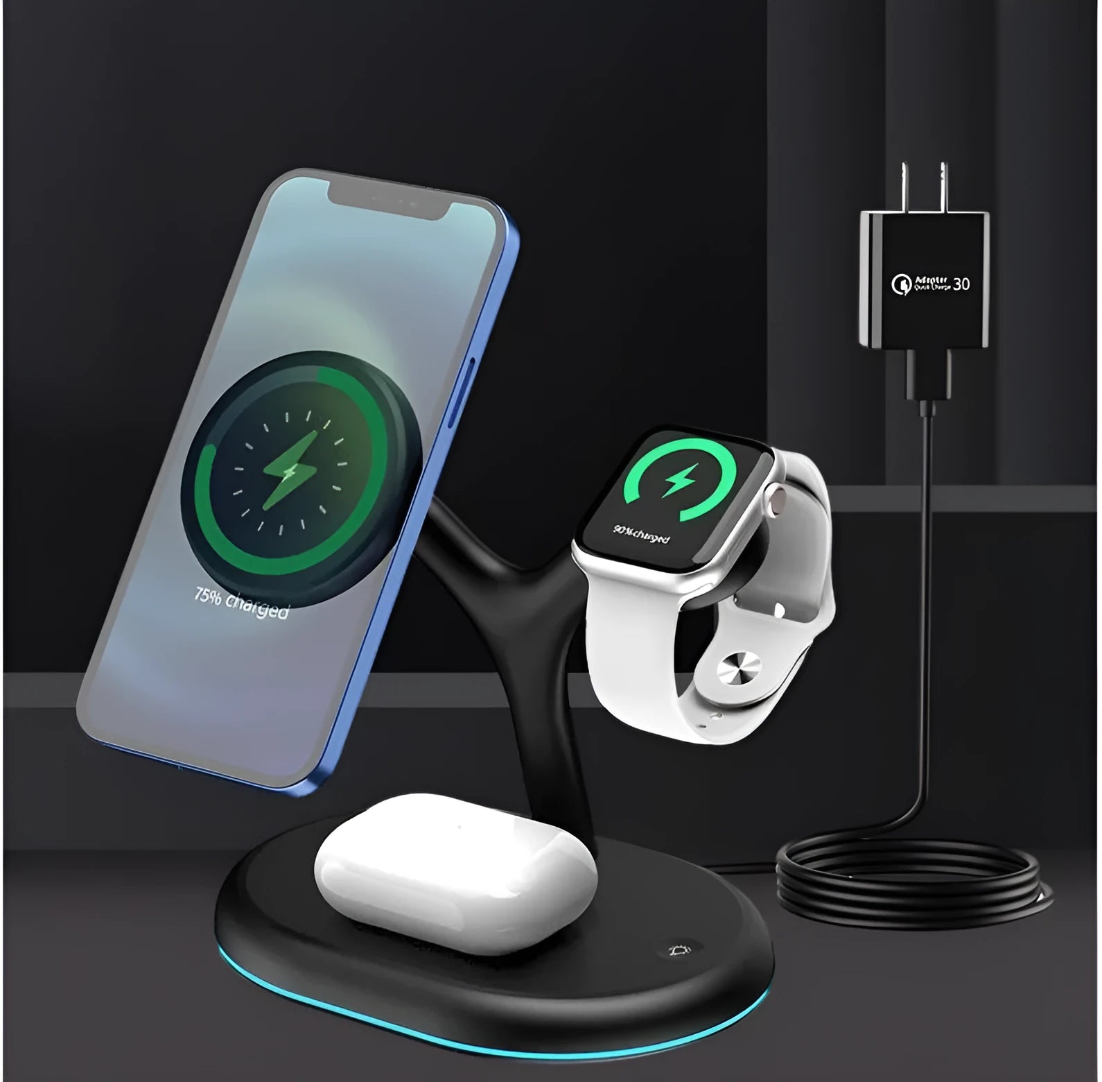 Black magnetic three-in-one wireless charging stand with vertical phone orientation and included TYPE-C cable