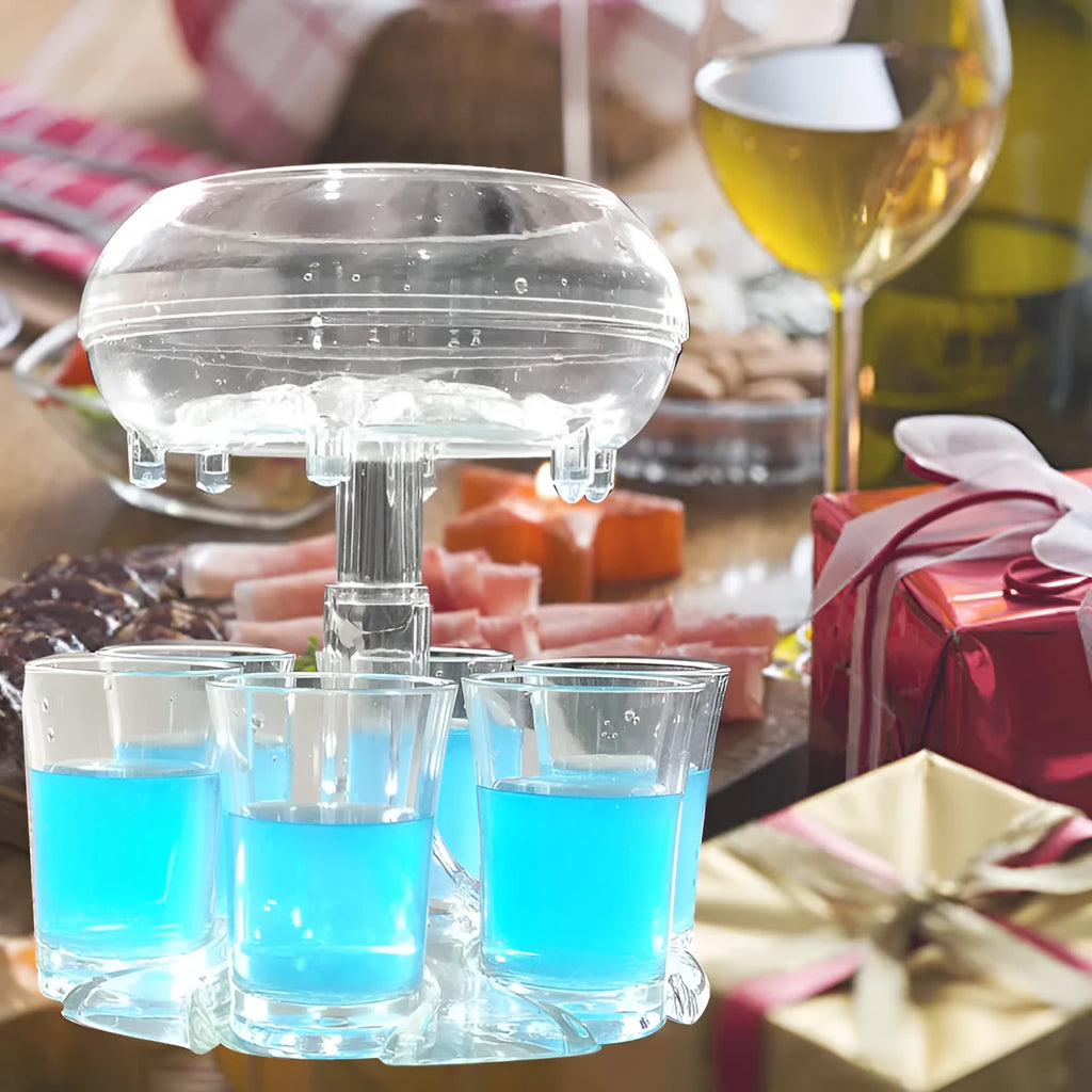 Clear six-shot glass dispenser rack holding six shot cups, bar accessory for parties.