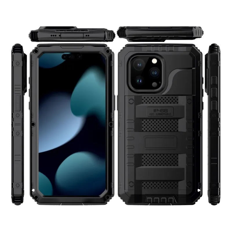 Outdoor sports metal phone case for iPhone 15, two-in-one design, alloy frame, black colour
