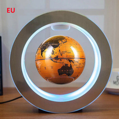 Round LED World Map Floating Globe hovering above base with magnetic levitation