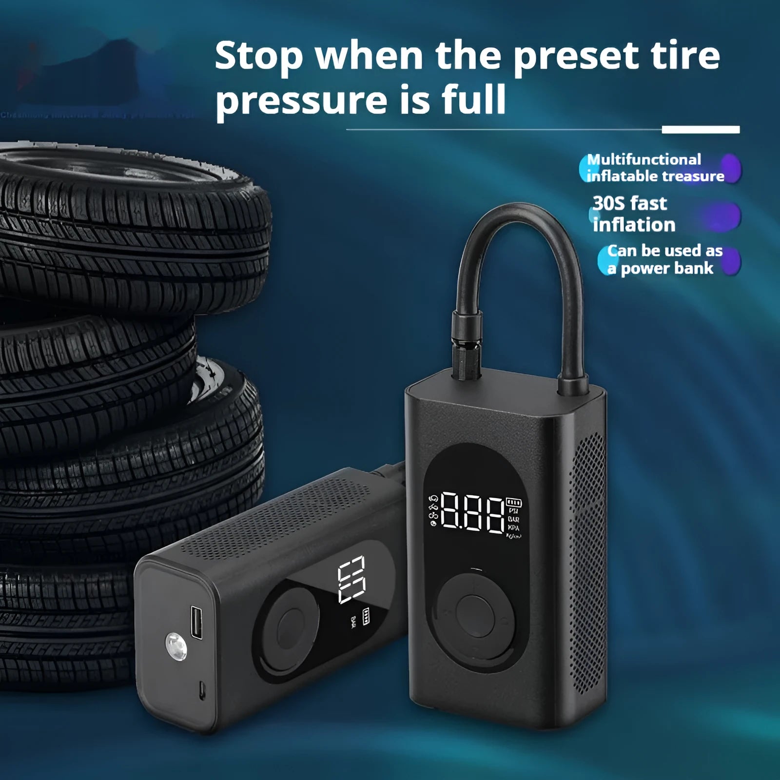 Handheld mini portable tyre pump with USB charging cable for car, motorcycle and bicycle inflation