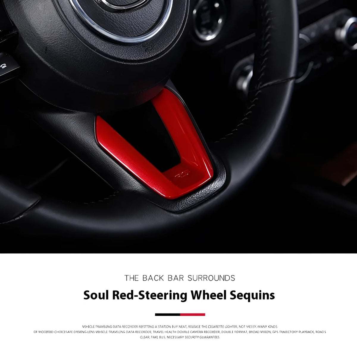 Mazda3 Exela centre console with Soul Red V-shaped steering wheel glitter sticker accessory