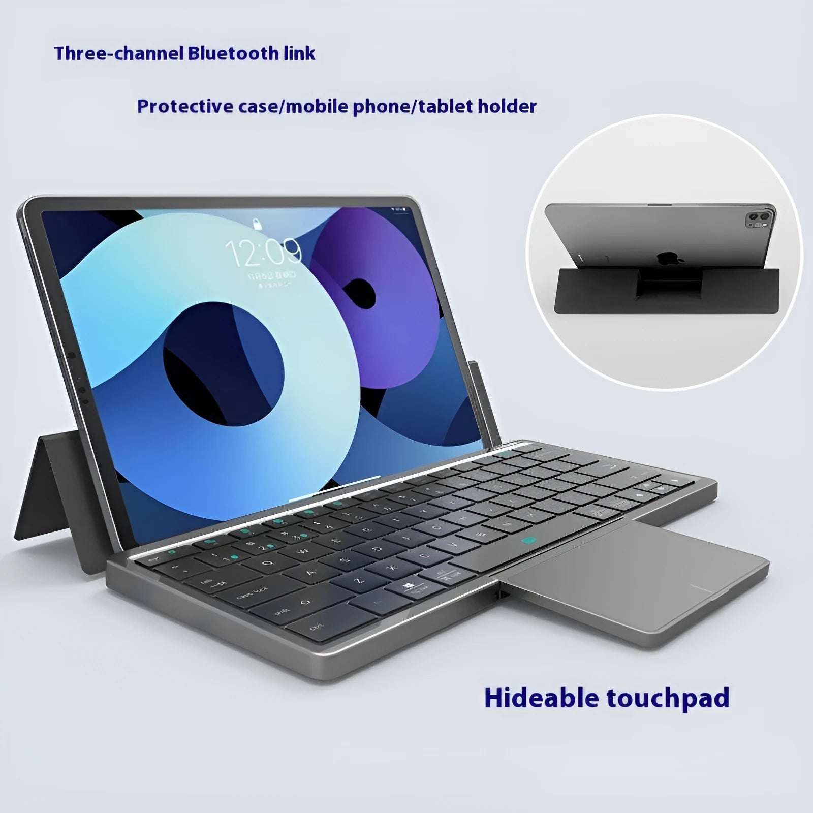 Black and grey wireless Bluetooth keyboard with touchpad next to its leather sheath stand.