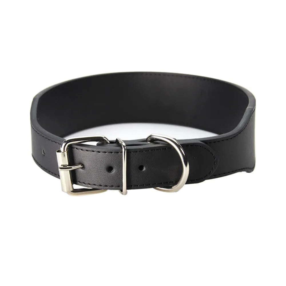 Fish-shaped leather dog collar for large dogs in red, blue, black, pink, or brown.