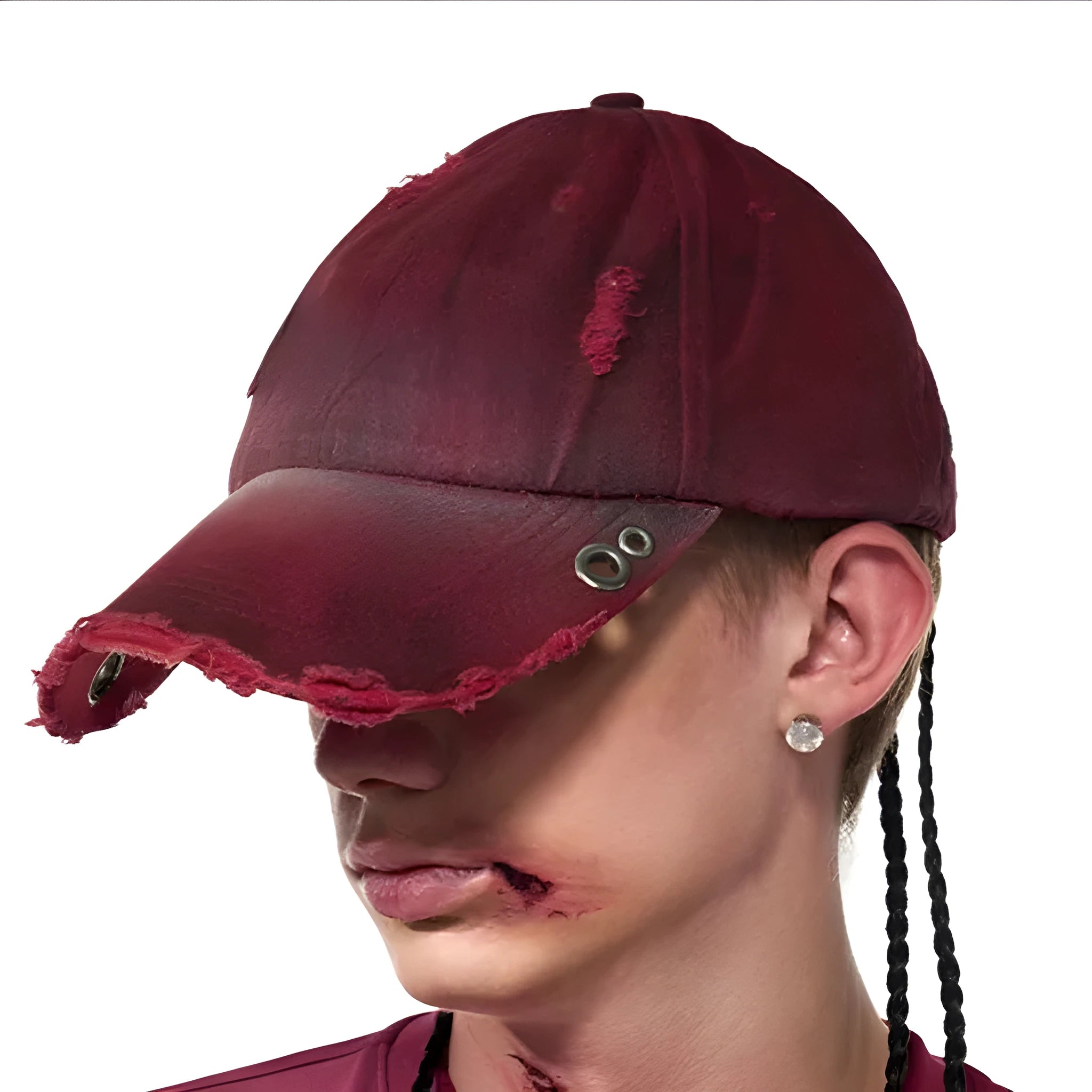 Rose red cotton peaked cap with adjustable strap and vintage spray-dirty finish