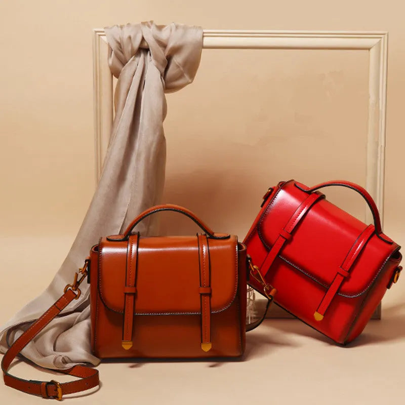 Women's genuine two-layer cowhide leather shoulder bag small square retro style in brown