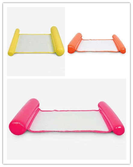 Inflatable water lounge chair in blue, floating in pool with hammock design visible