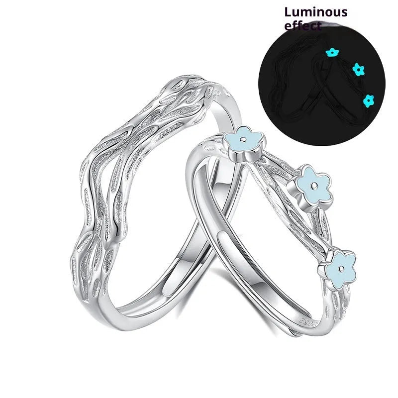 S925 sterling silver love ring with fluorescent design, adjustable opening, flower and leaf shape, simple style for women and men