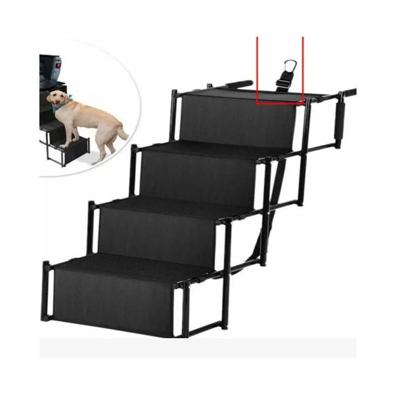 Folding stainless steel dog ladder in choice of colours showing four-step design for vehicle access