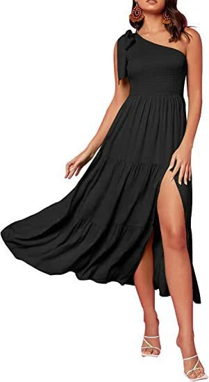One-shoulder pleated dress with leg-revealing side slits in various colors
