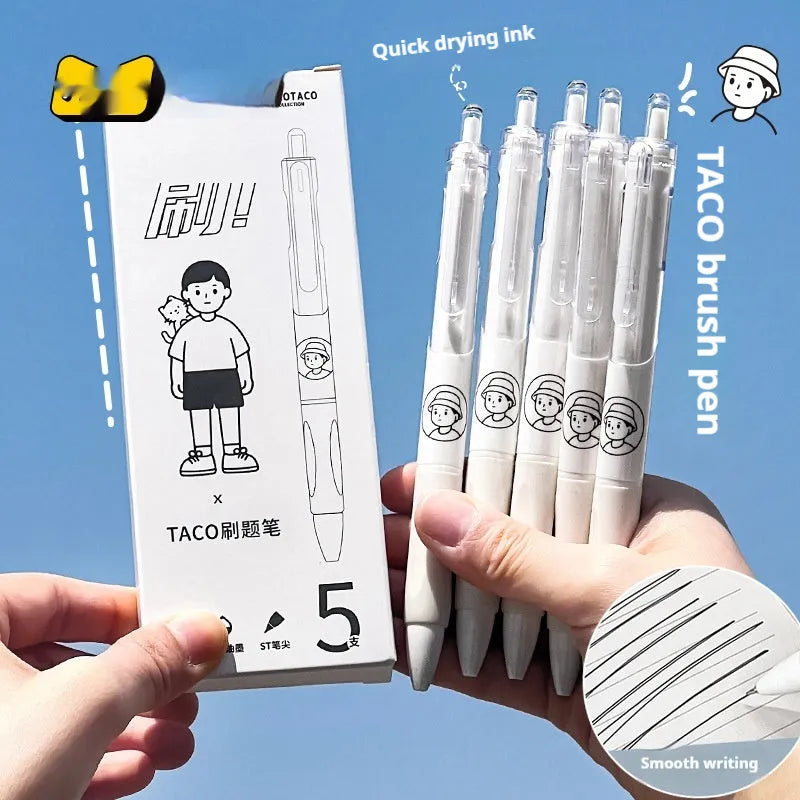 Five black ballpoint pens with press mechanism and 0.5mm quick-drying ink for student exams