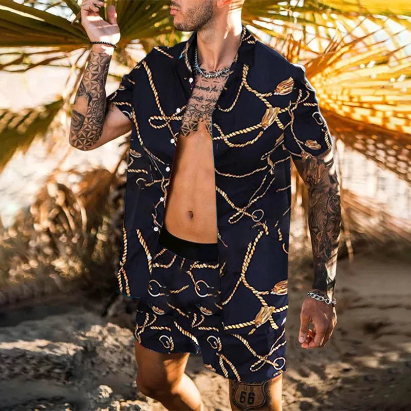 Men's summer Hawaiian 2-piece set with printed lapel short sleeve shirt and matching elastic waist beach shorts in polyester, three colour options