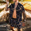 Men's summer Hawaiian 2-piece set with printed lapel short sleeve shirt and matching elastic waist beach shorts in polyester, three colour options