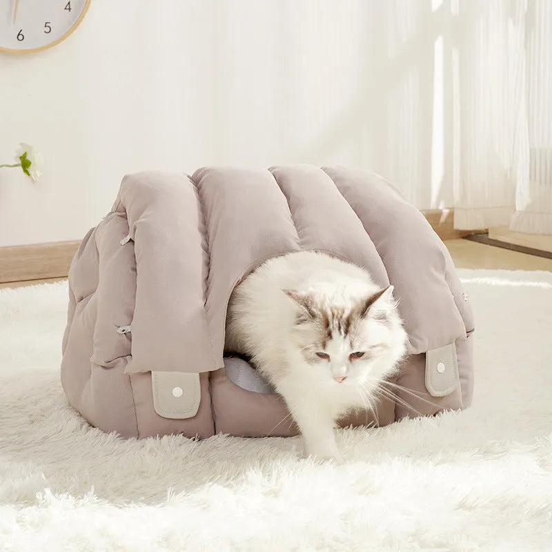 Arched deformable cat nest in green colour showing both enclosed and sofa configurations