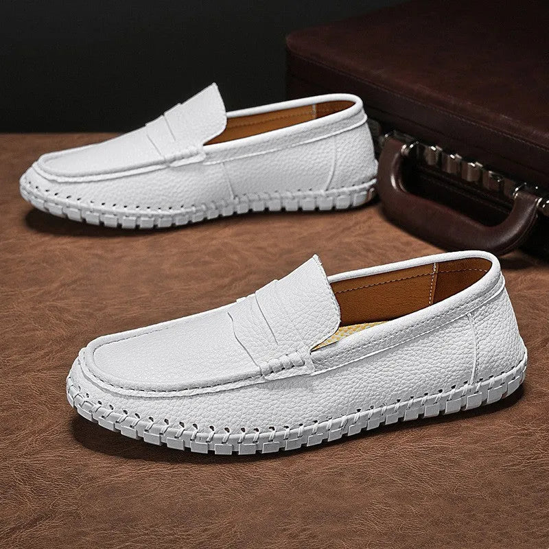 Men's hand-stitched lazy slip-on casual leather shoes with first layer cowhide upper, rubber sole, square heel, in black colour option