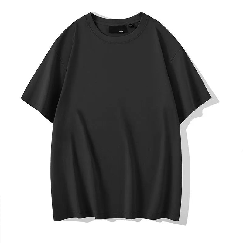 Men's solid colour cotton T-shirt with round neck and drop-shoulder sleeves