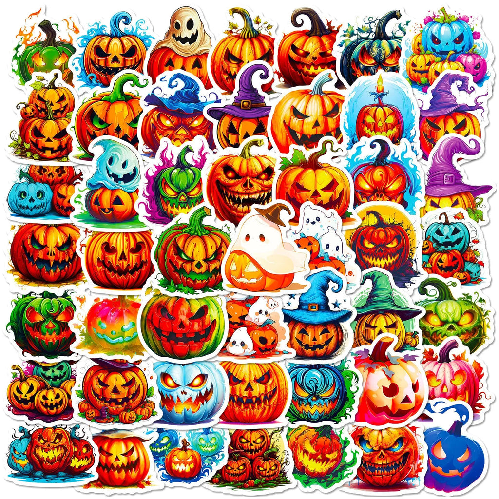300 Halloween stickers with cartoon pumpkin, witch, and ghost graffiti designs on a white background