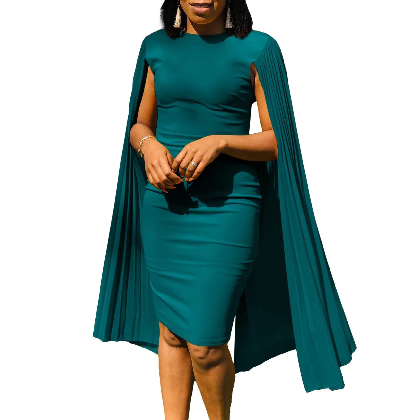 Long sleeve high waist evening gown with a pleated shawl in yellow, orange, red, or green