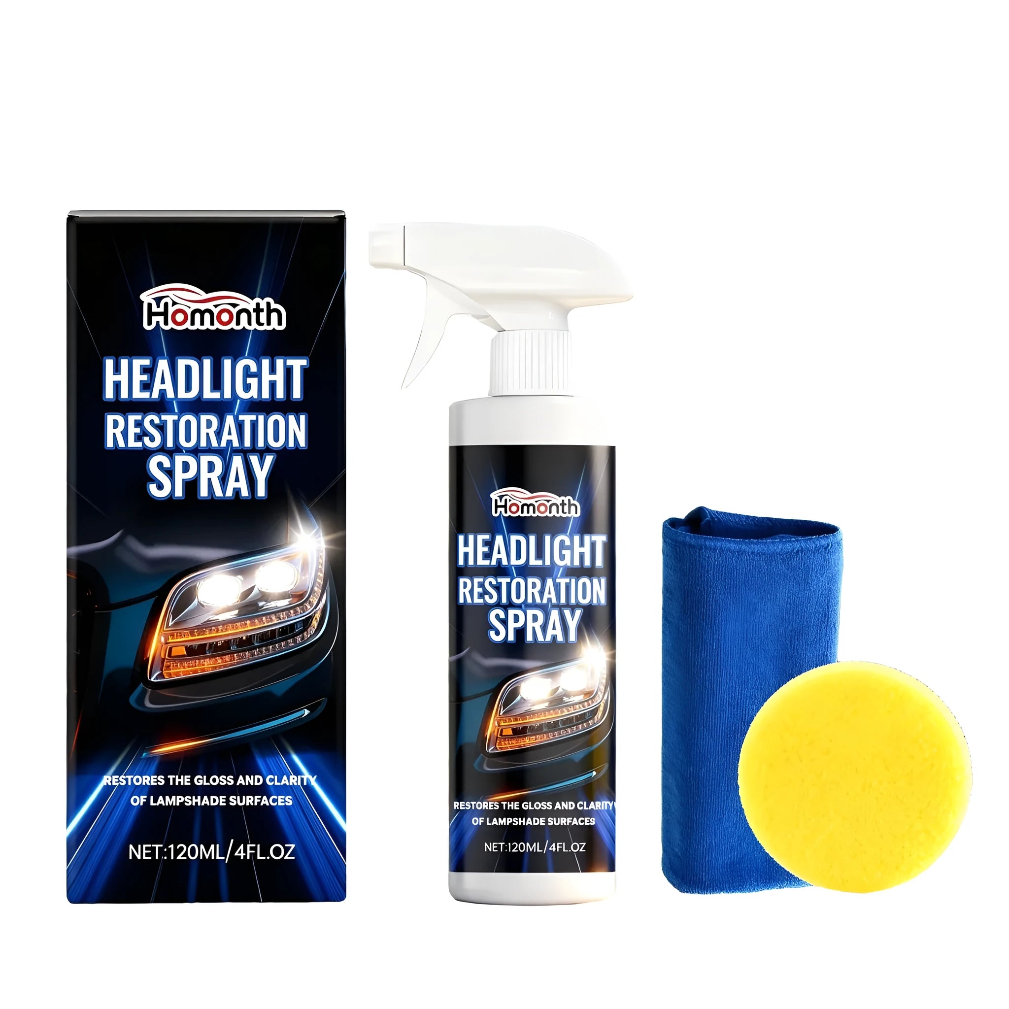 HOMONTH headlight restoration spray kit with 120ml bottle, application sponge and cleaning towel