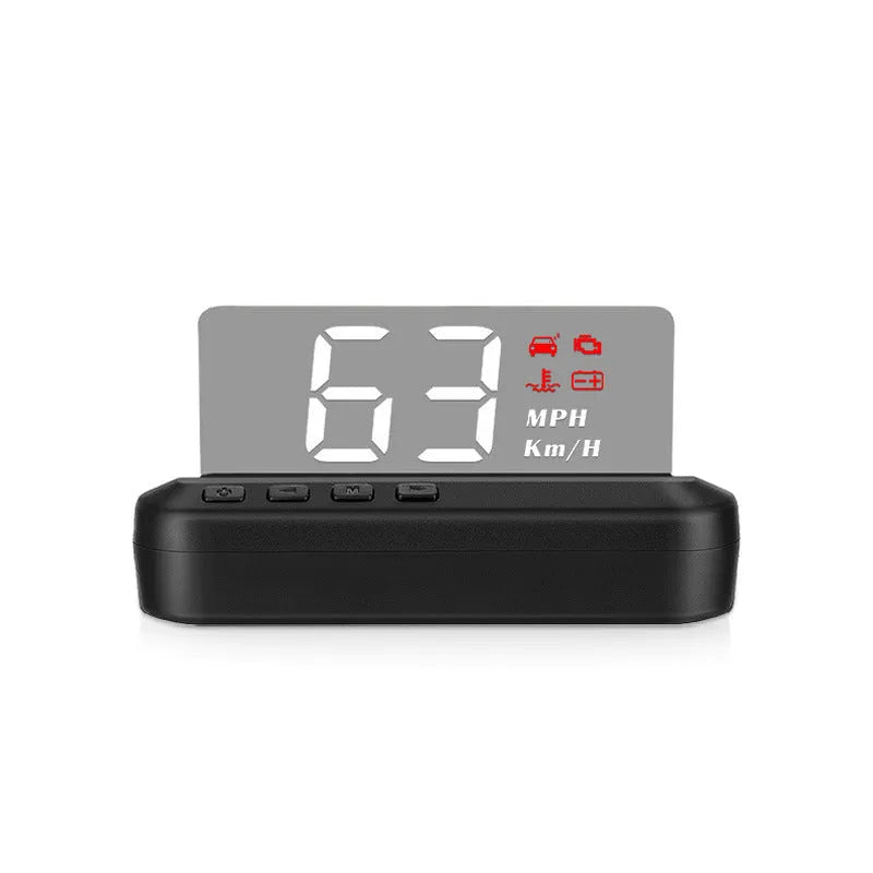 Black car head up display unit showing projected speed reading on 2 inch screen