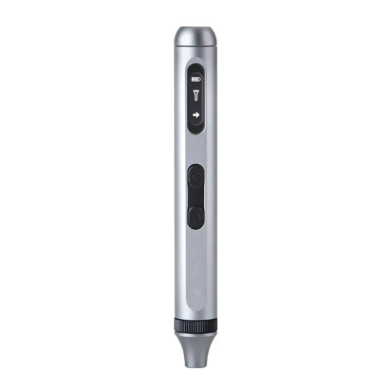 Compact aluminium alloy electric screwdriver showing scale against a ruler, with charging cable.