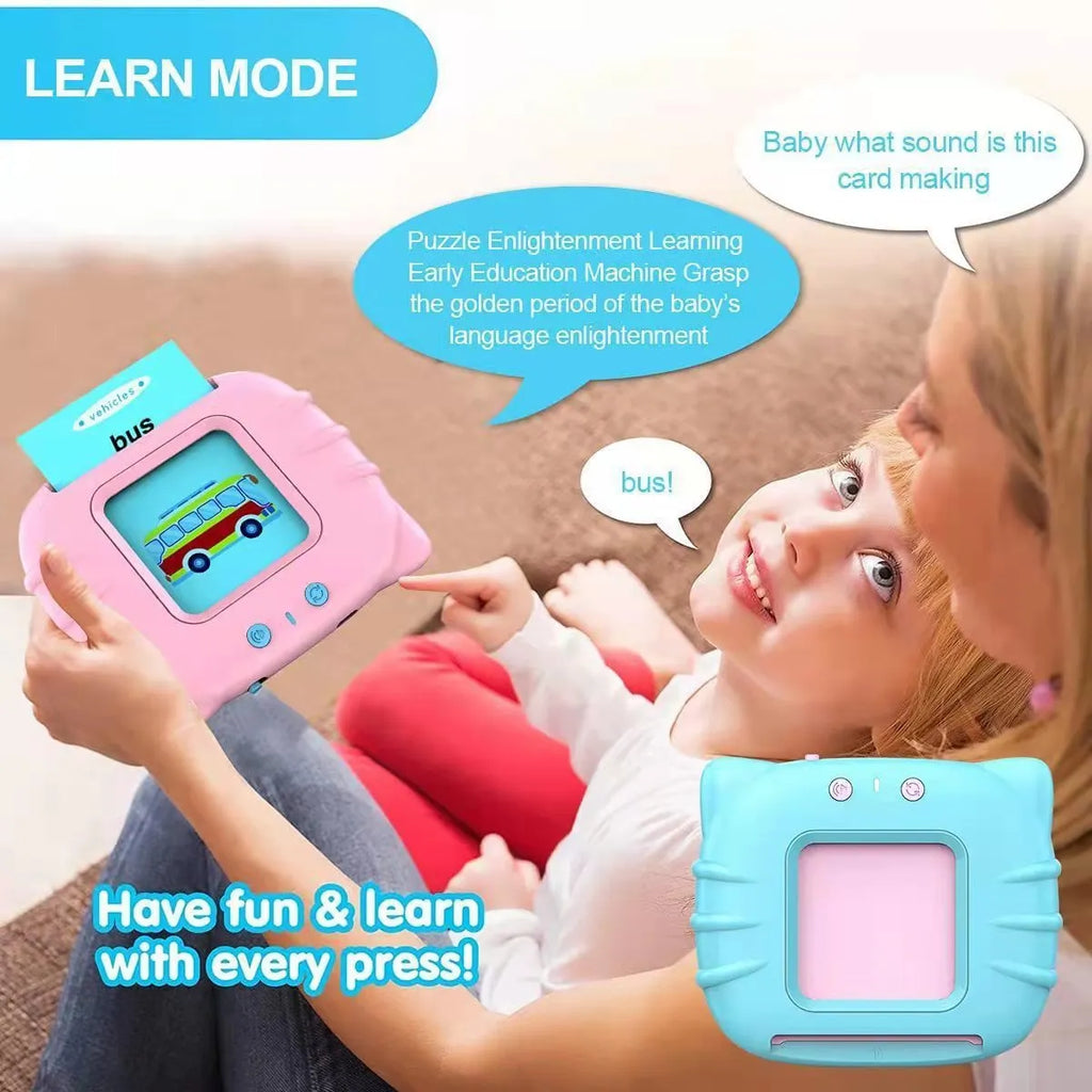 Blue children's English learning card machine with audiobook cards showing 18cm length