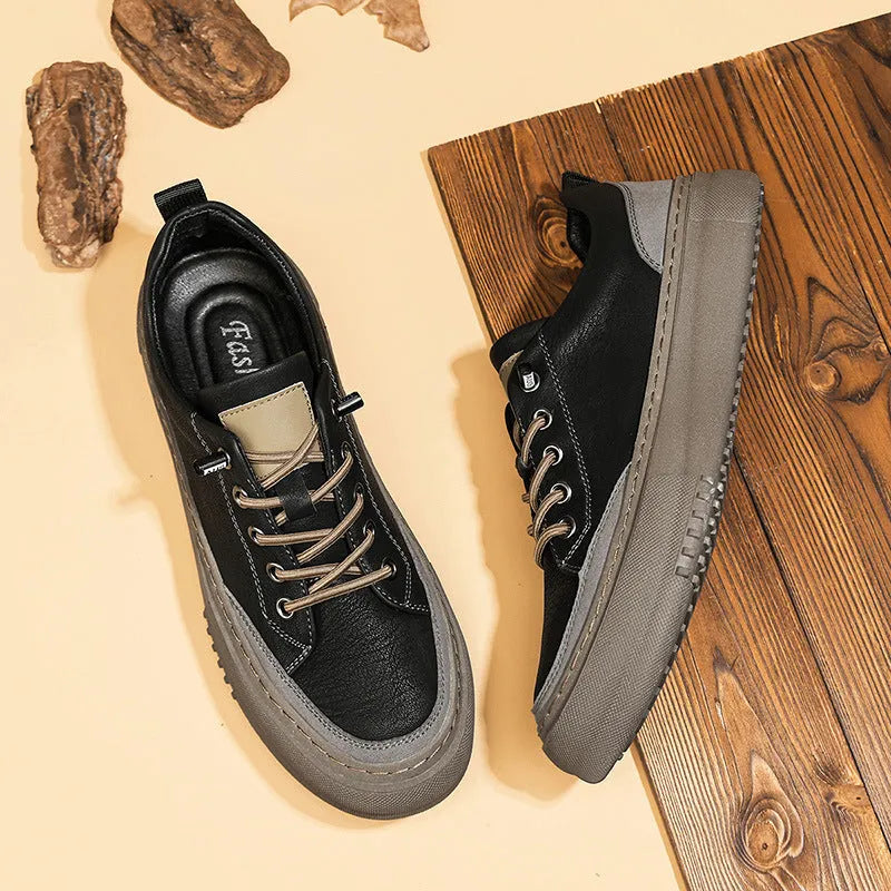 British men's round toe leather shoes in black with lace-up front and rubber sole