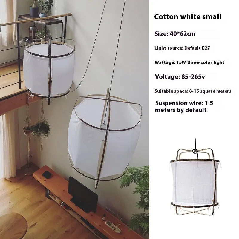 Design Pendant Lamp with 40cm mini shade in beige white gauze, linen and bamboo construction, for restaurant use