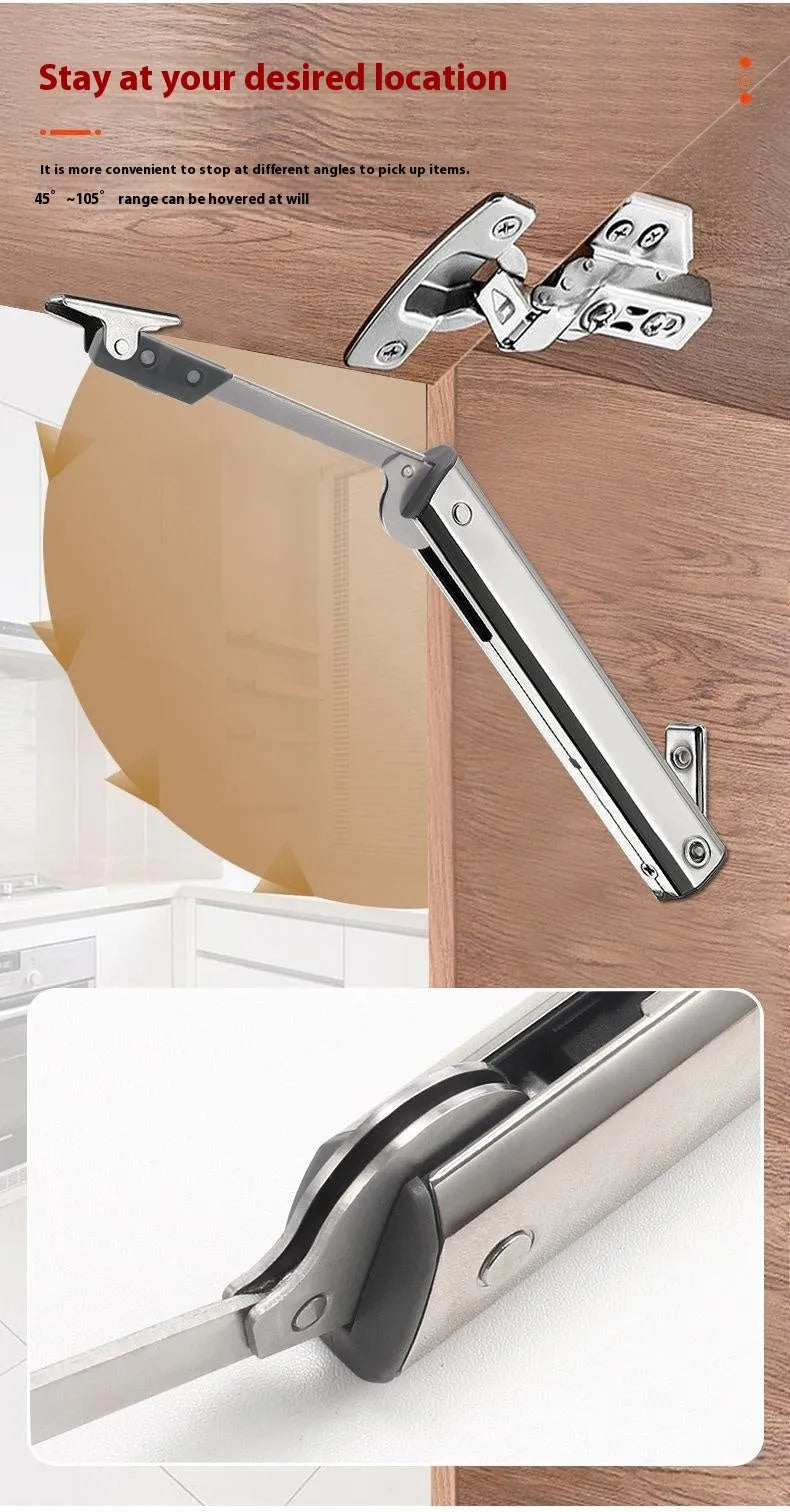 Cold rolled steel flap-up door support rod in natural stainless steel finish.