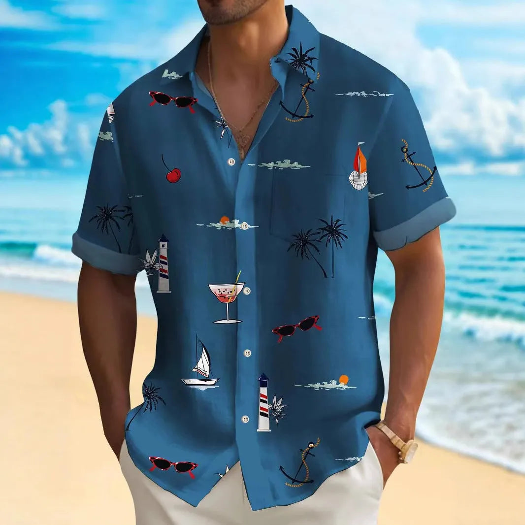 Men's loose-fit Hawaiian short-sleeve shirt in a solid colour with digital printing.