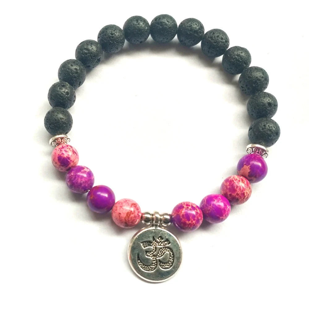 Handmade matte amazonite stone strand bracelet with OM and lotus charms
