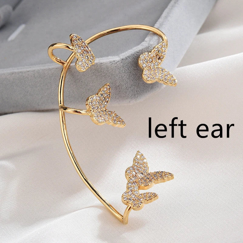 Sparkling butterfly-shaped ear cuffs with zircon stones, designed for fashionable jewelry without piercing