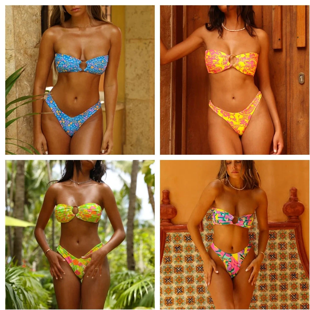 Women's split printed bikini swimsuit in blue colour showing front design with separate top and bottom pieces