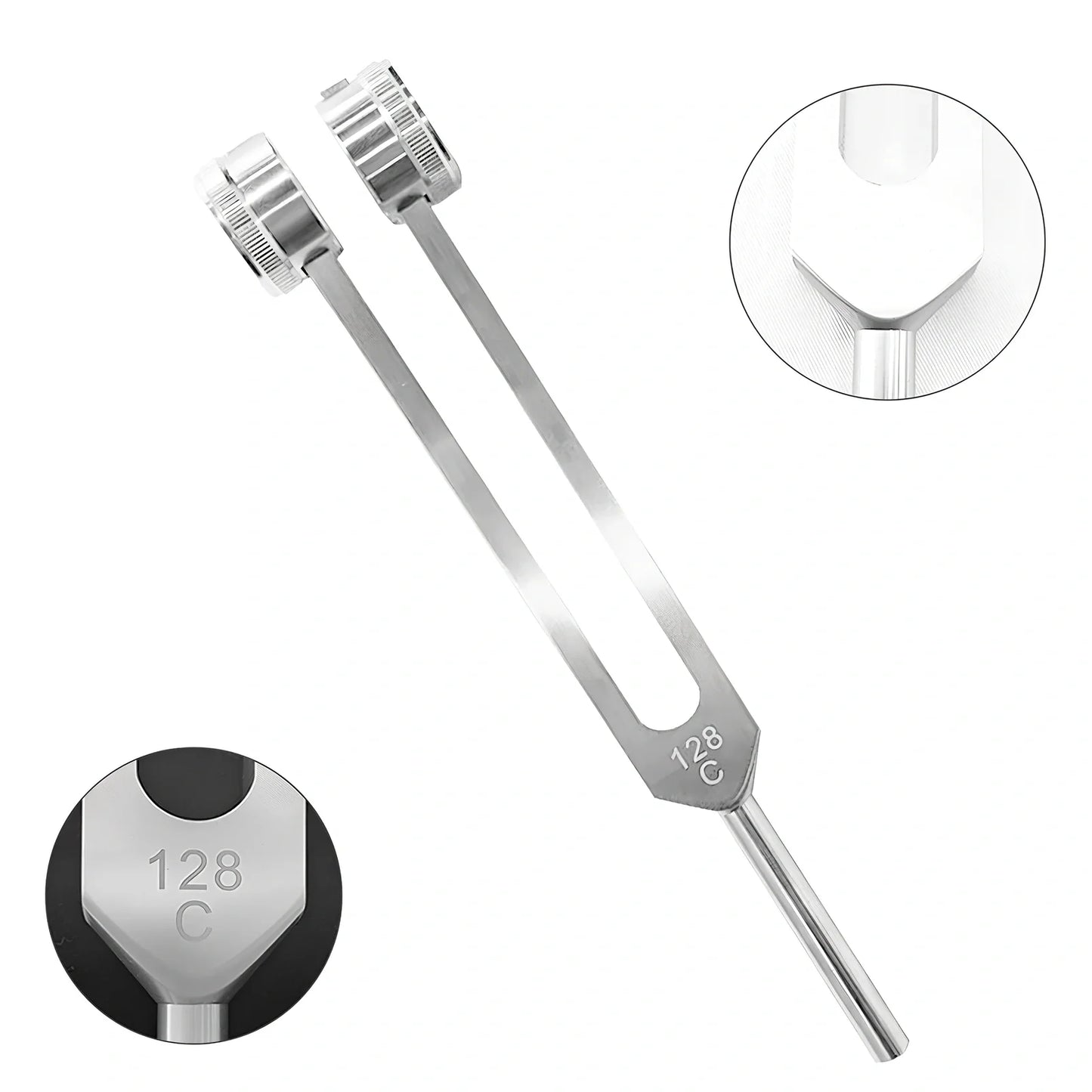 Silver 128 Hz weighted bio-acoustic tuning fork set with hammer, velvet pouch, and accessories for sound therapy