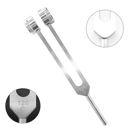 Silver 128 Hz weighted bio-acoustic tuning fork set with hammer, velvet pouch, and accessories for sound therapy