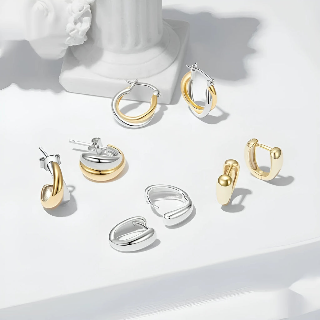 Double ring plain ornament earrings in 925 sterling silver with electroplated finish, women's jewellery