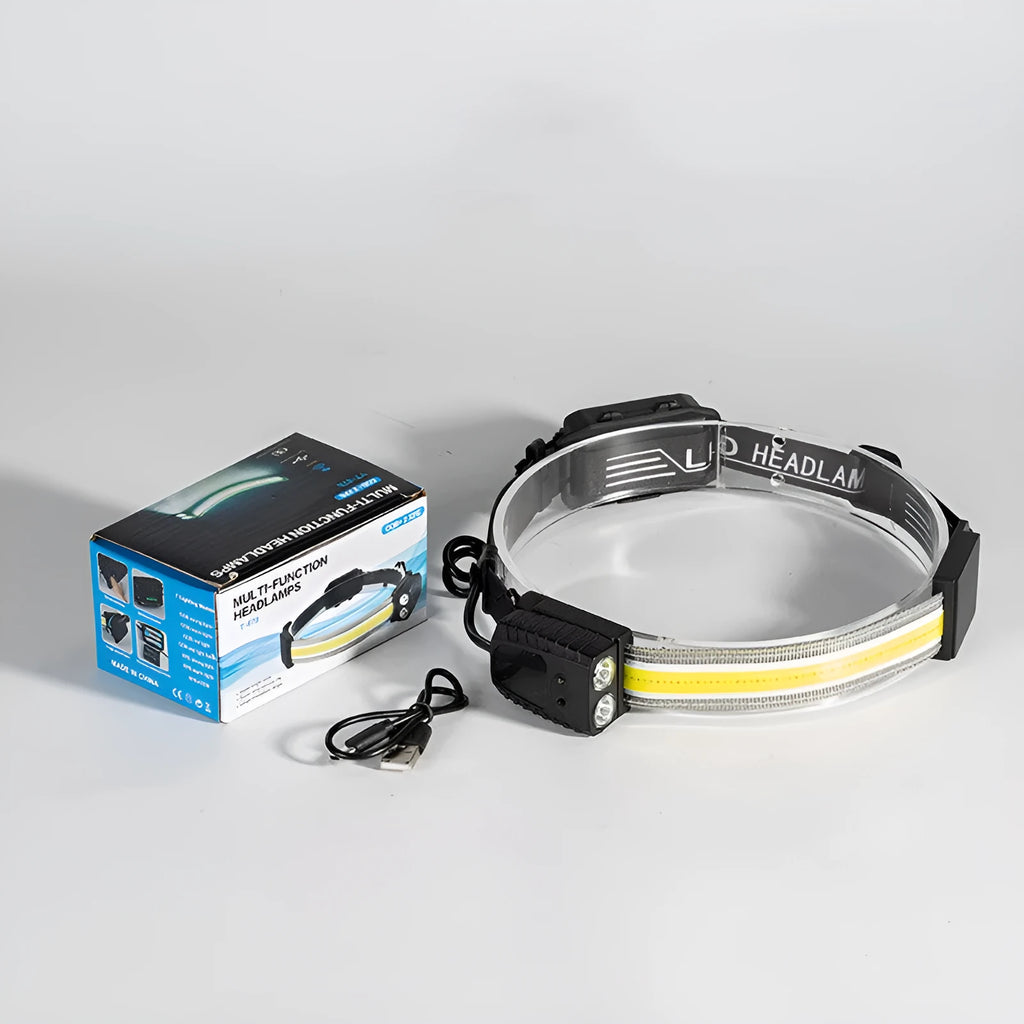 Black multifunctional headlamp with gesture control for outdoor and emergency use