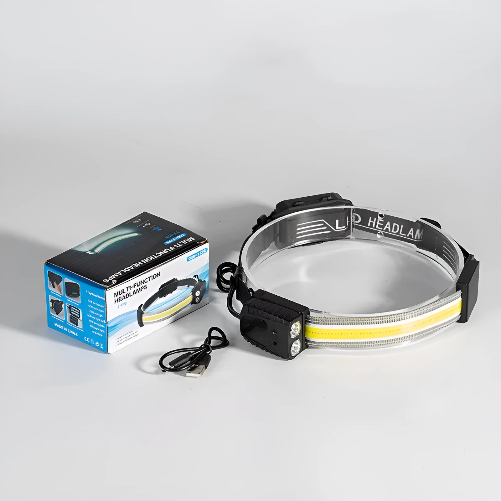 Black multifunctional headlamp with gesture control for outdoor and emergency use