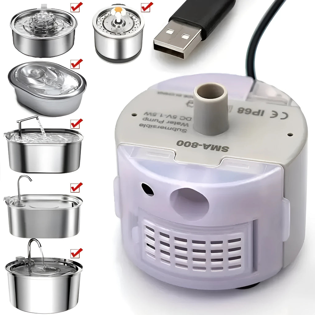 Cylindrical plastic pet water pump with three cleaning brushes on a white background