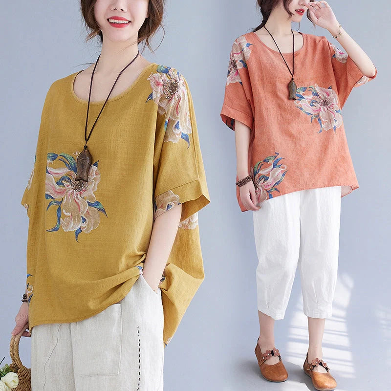 Korean cotton hemp half sleeve top with printing pattern in yellow and orange