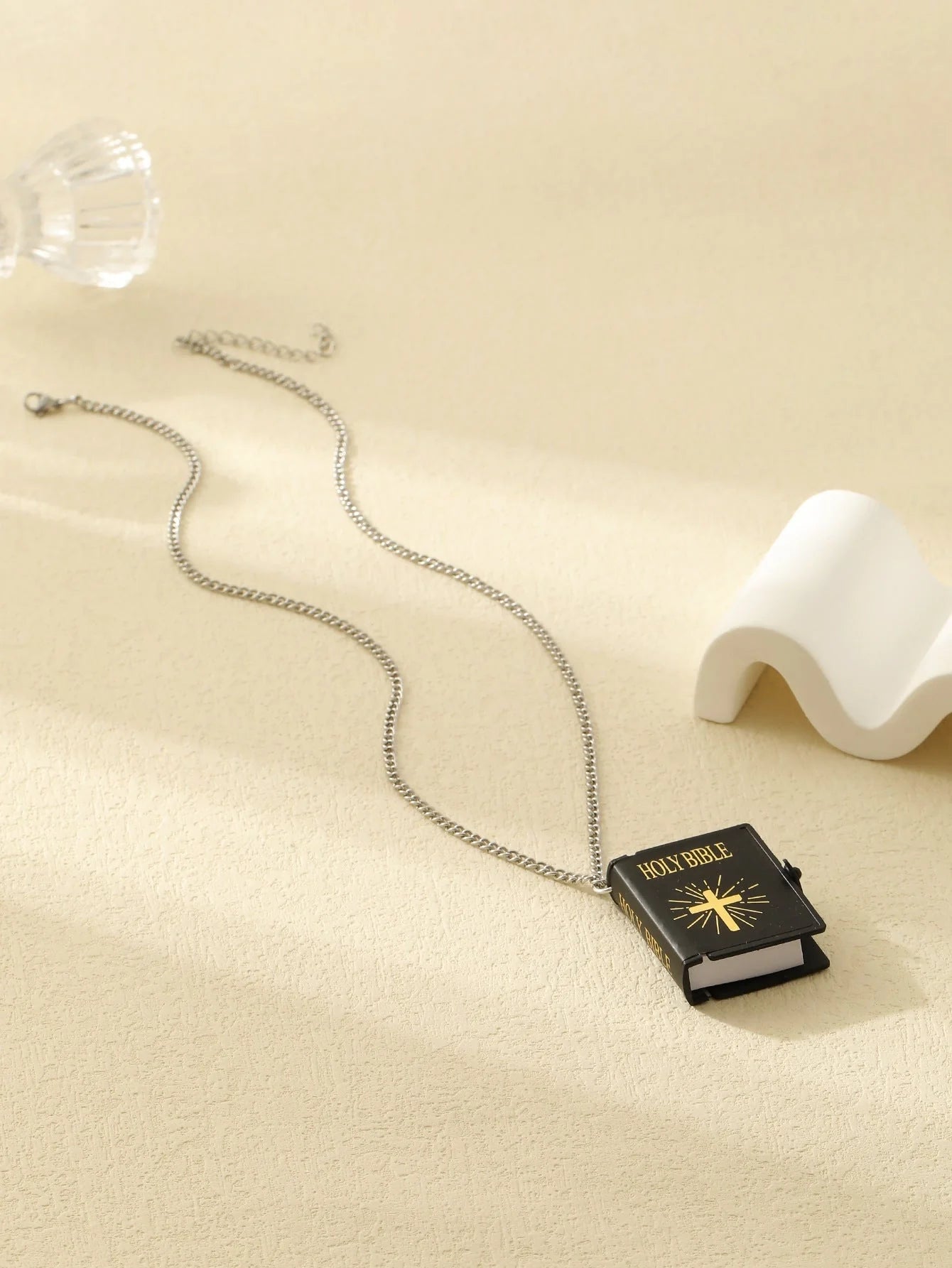 Stylish stainless steel cross necklace with Bible verses pendant, available in gold, silver white, and silver black.