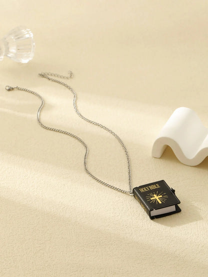 Stylish stainless steel cross necklace with Bible verses pendant, available in gold, silver white, and silver black.