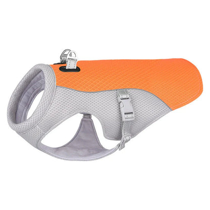 Breathable dog cooling vest in various colors and sizes, designed to keep pets cool and comfortable during outdoor summer activities