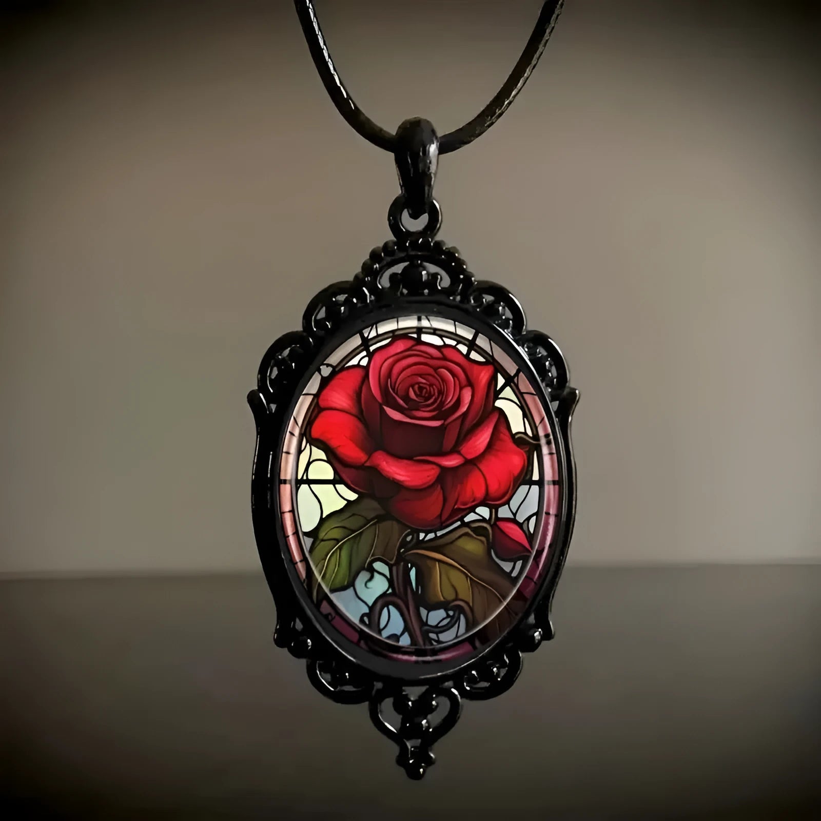 Gothic oval rose necklace for women in black with organic glass pendant and electroplated alloy chain