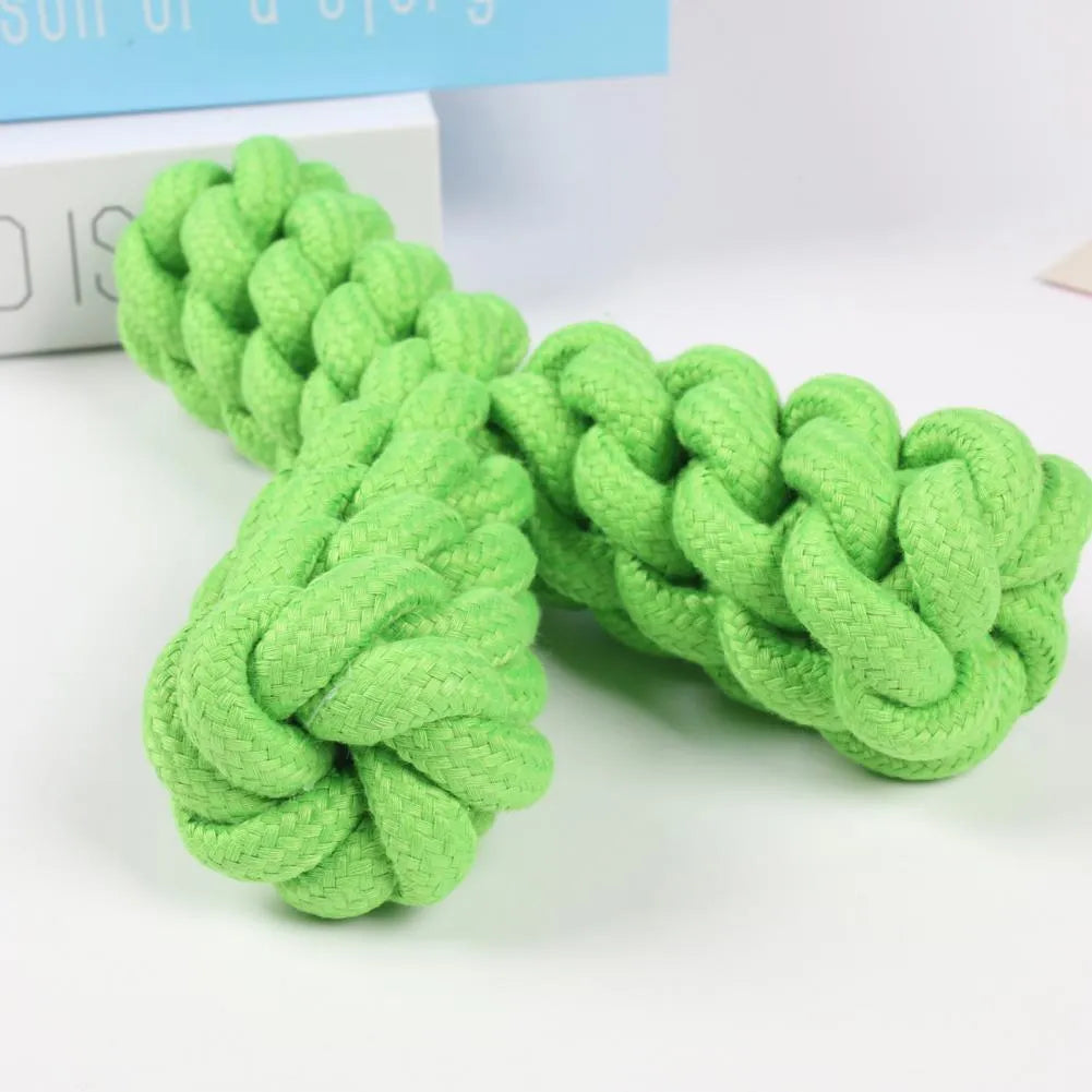 Blue Y-shaped cotton rope dog chew toy for large breeds on a white background.