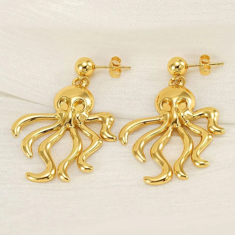 Gold octopus stud earrings made of stainless steel in minimalist retro style