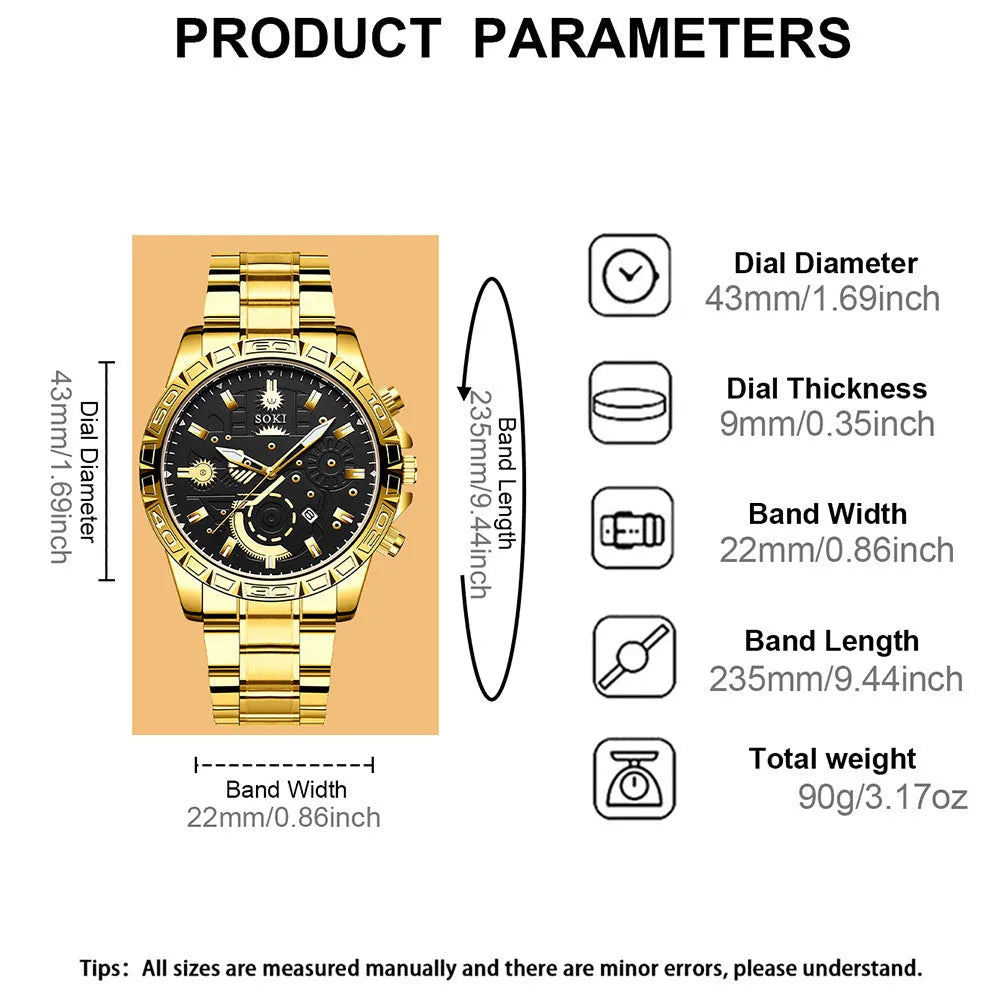 Men's gold-coloured stainless steel business watch with calendar on dial
