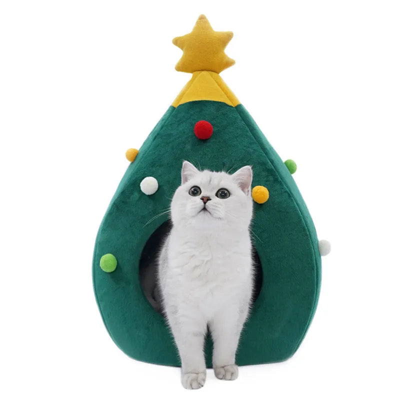 Christmas tree-shaped pet cave bed with plush fabric in three size options for cats and small dogs