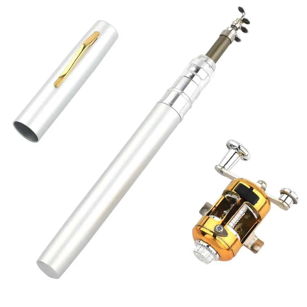 Compact telescopic fishing rod kit retracted in aluminium pen case next to its ST5RL drum.