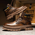 Men's brown lace-up Martin boots with round toe and rubber sole on a neutral background.